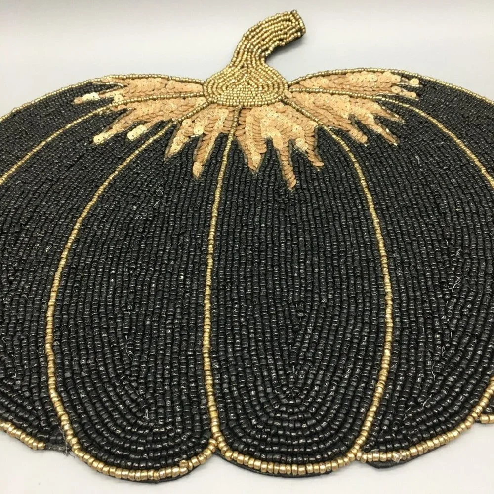 x4 Nicole Miller Halloween Beaded Pumpkin Placemat Set Black Gold Designer Decor